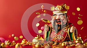 Gold coins and ingots scattered by the Chinese God of Wealth, Translation: Auspicious, Wishing you wealth and prosperity