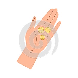 Gold coins in palm. Hand holding cash money, finance. Financial help, savings and cashback concept. Contribution and