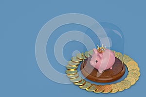 Gold coins and piggy bank with glass bell on blue background.3D