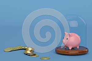 Gold coins and piggy bank with glass bell on blue background.3D