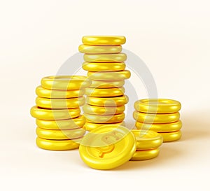 Gold coins pile with dollar sign 3d render icons. Winning casino or lottery game, prize or cash back. Cartoon stack of