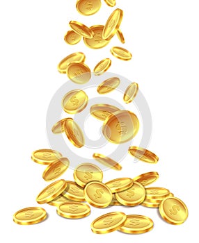 Gold coins pile. Golden coin money heap cash wealth, flying metal dollars treasure piles. Casino jackpot win bonus