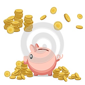 Gold coins with pink piggy bank isolated on white background. Save money.
