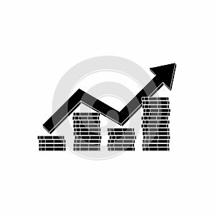 Gold coins price up blue graph White Outline icon vector isolated. Price dollar up