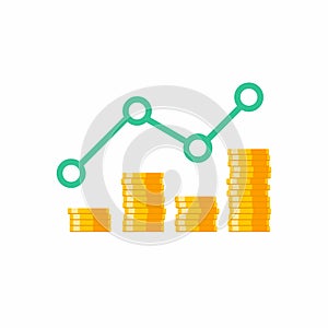 Gold coins price up green graph White Background icon vector isolated. Price dollar up