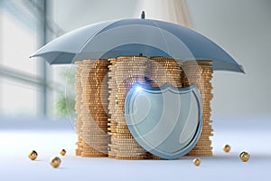 Gold coins protected by an umbrella and a shield