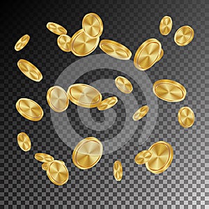 Gold Coins Rain Vector. Realistic Gold Coins Explosion Falling Down. Transparent Background. Symbol Wealth, Profit. Cash