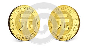 Gold coins with Renminbi sign isolated on a white background. 3d illustration. 3d rendering.