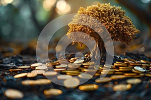 Gold coins are scattered under the tree of prosperity and wealth