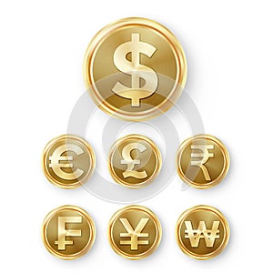 Gold Coins Set Vector. Realistic Money Sign Illustration. Dollar, Euro, GBP, Rupee, Franc, Renminbi Yuan, Won.