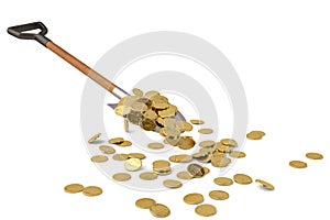 Gold coins on shovel on white background 3D illustration.