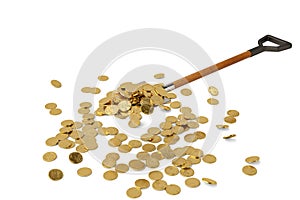 Gold coins on shovel on white background 3D illustration.