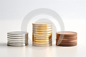 gold coins,silver coin,woonden coin neatly arranged, symbolizing wealth, currency, and financial growth by Generative AI