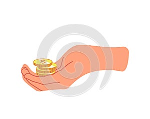 Gold Coins Stack in Hand. Businessman Donation, Begging, Receiving, Giving, Take Money Design Element Isolated on White