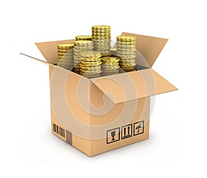 Gold coins in stack in side cardboard box