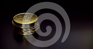 Gold coins stacked on black background. 3D render image