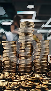 Gold coins stacking around shop retail store, earning money concept