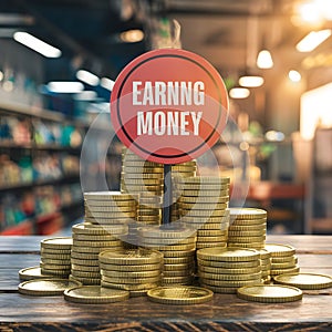 Gold coins stacking around shop retail store, earning money concept