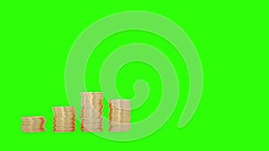 Gold coins stacking up in a column chart style. White background.