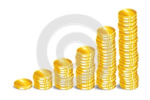 Gold coins. Stacks of golden coins. Money isolated on a white