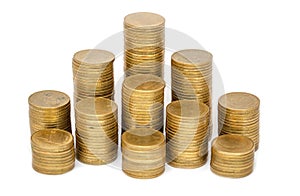 Gold coins stacks isolated on white background. Saving, Coin stack growing business.  Investment money concept