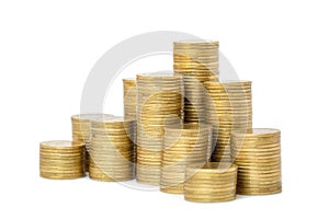 Gold coins stacks isolated on white background. Saving, Coin stack growing business.  Investment money concept