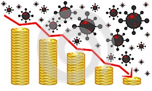 Gold coins and stock market chart in crisis