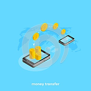 Gold coins are transferred from one smartphone to another