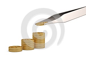 Gold coins and tweezers money concept  isolated on white background. 3D illustration