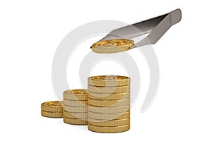 Gold coins and tweezers money concept  isolated on white background. 3D illustration