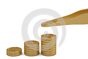 Gold coins and tweezers money concept  isolated on white background. 3D illustration