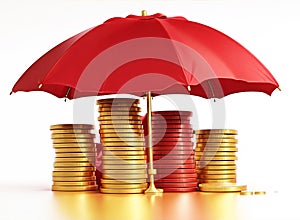 Gold coins under a red umbrella. Concept of wealth protection, money saving and investment security with insurance and risk