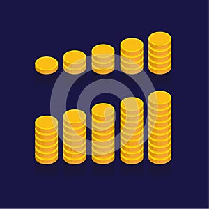 Gold coins vector icons, golden coins stacks and heaps. on blue