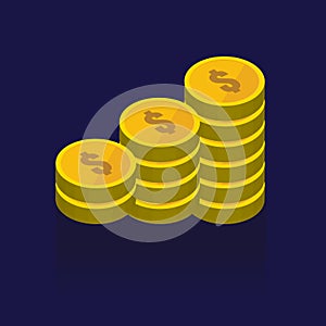 Gold coins vector icons, golden coins stacks and heaps. on blue