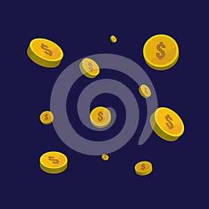 Gold coins vector icons, golden coins stacks and heaps. on blue