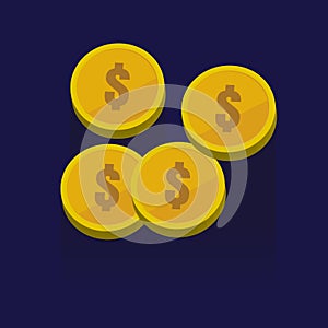 Gold coins vector icons, golden coins stacks and heaps. on blue