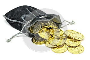 Gold coins in a velvet pouch.