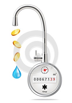 Gold coins, water flowing from kitchen faucet and meter, vector illustration. Economize water consumption, saving money. photo
