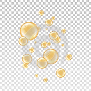 Gold collagen isolated on transparent background. Glass circle shape. Realistic oil bubbles orange color. Set round sphere vitamin