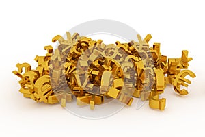 Gold color 3D rendering. Abstract CGI typography, bunch of currency sign represent money or profit. Wallpaper for graphic design.