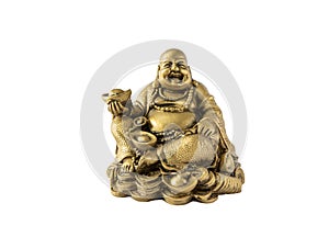 Gold color Feng Shui sitting laughing Buddha with gold coins. Wealth, prosperity, luck charm. Buddha figurine isolated.