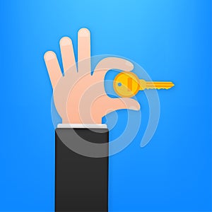 Gold color keys handing over hand on blue background. Vector stock illustration.