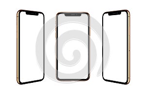 Gold color modern smart phone isolated in three positions. Thin and round edges with under display camera