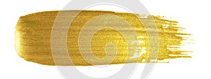 Gold color paint brush banner. Acrylic golden smear stroke stain on white background. Shine abstract detailed gold glittering text