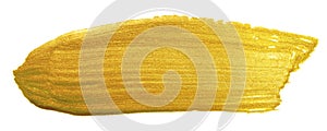 Gold color paint brush banner. Acrylic golden smear stroke stain on white background. Shine abstract detailed gold glittering text