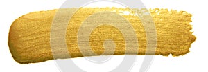 Gold color paint brush banner. Acrylic golden smear stroke stain on white background. Shine abstract detailed gold glittering text