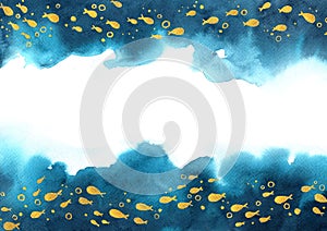 Gold color school of fish swimming on navy blue watercolor background.