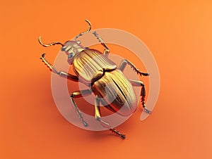 Gold-colored beetle on an orange background. The insect is positioned in center of frame, with its head facing upwards