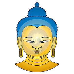 Gold colored Buddha head with blue hairs photo