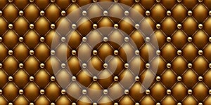 Gold colored buttoned luxury leather pattern with golden bead diagonal wire waves. Vector seamless premium background diamond